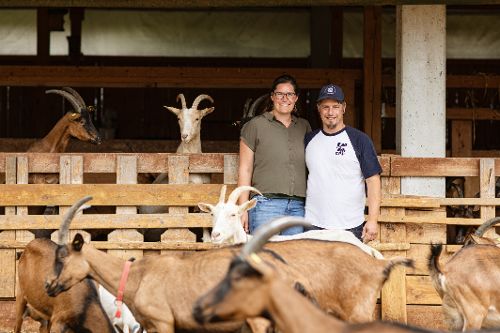 Zwei Personen stehen auf einem Ziegenhof vor einem Stall, während mehrere Ziegen im Vordergrund und Hintergrund zu sehen sind.